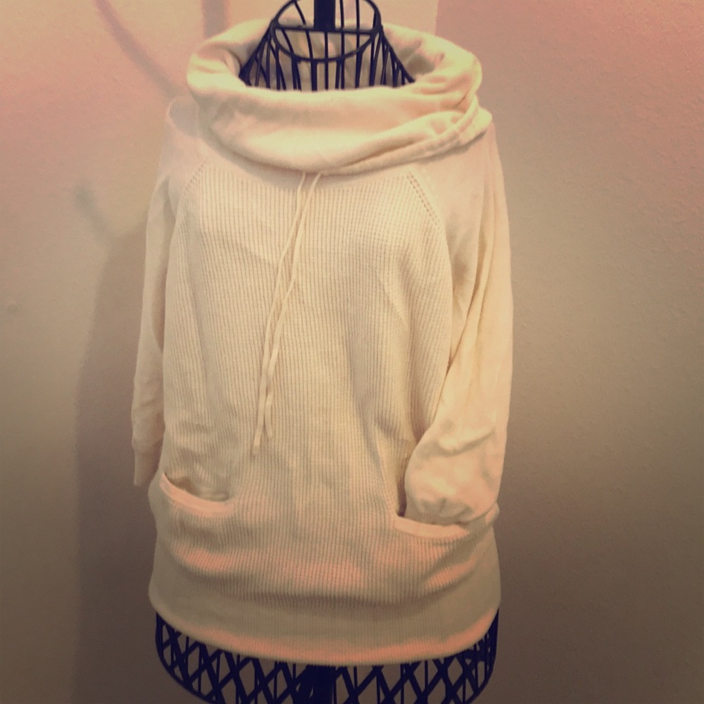 Small 3/4 sleeve cowl waffle LOFT light sweater